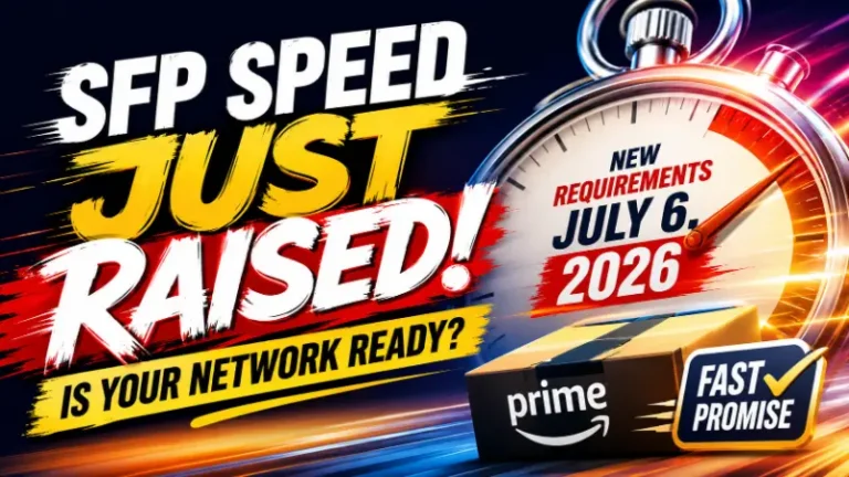Featured image for Amazon’s July 2026 Seller Fulfilled Prime speed changes, showing a stopwatch and bold text about faster SFP requirements taking effect July 6, 2026.