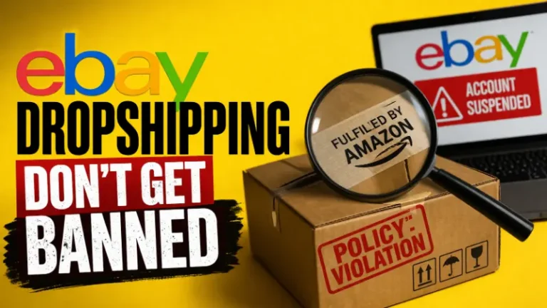 Ecommerce seller reviewing eBay dropshipping policy rules on a laptop to avoid account suspension and selling restrictions