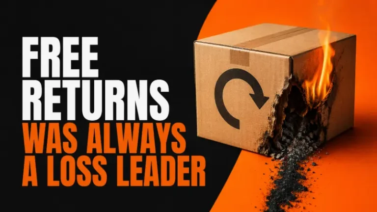 Burning returns box with bold text illustrating how free returns acted as an ecommerce loss leader rather than a sustainable long-term business model.