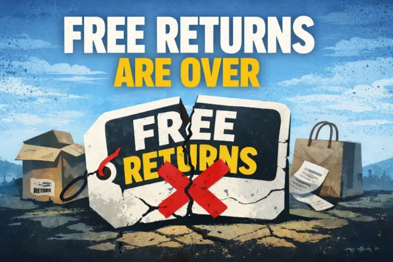 Cracked free returns sign with bold “Free Returns Are Over” text, symbolizing the end of free returns as a default ecommerce expectation.