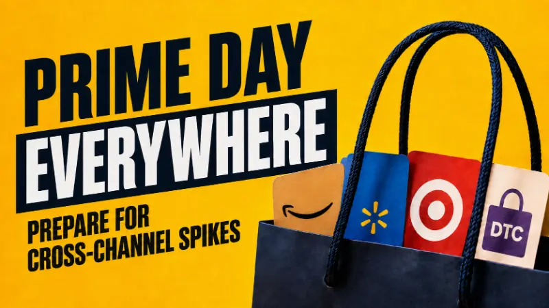 Prime Day Everywhere featured image showing a shopping bag with Amazon, Walmart, Target, and DTC cards to represent cross-channel demand spikes.