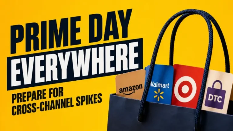 Prime Day Everywhere featured image showing a shopping bag with Amazon, Walmart, Target, and DTC cards to represent cross-channel demand spikes.