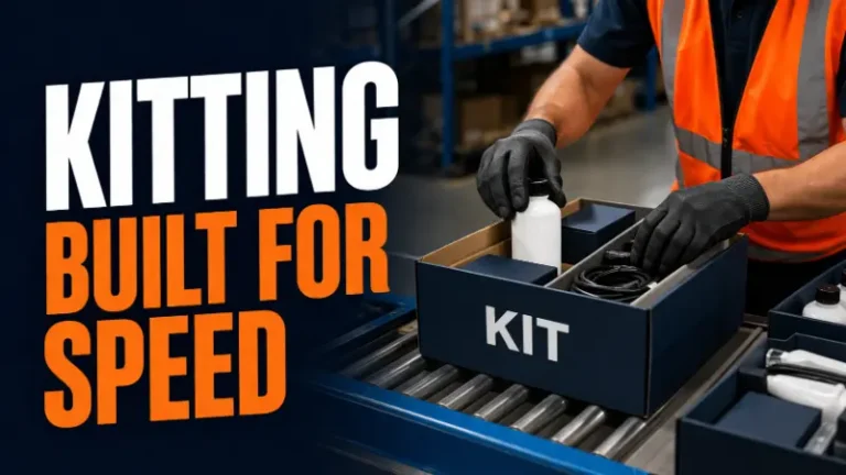 Warehouse worker assembling a product kit with multiple items in a single box to reduce pick time and improve fulfillment efficiency