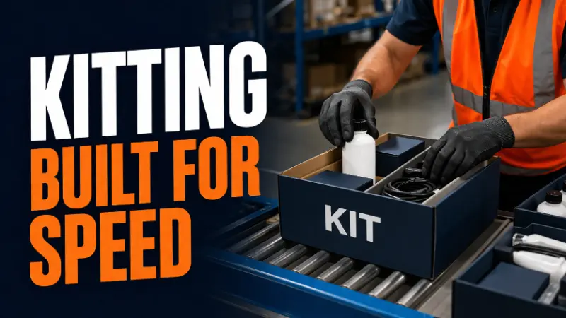 Warehouse worker assembling a product kit with multiple items in a single box to reduce pick time and improve fulfillment efficiency