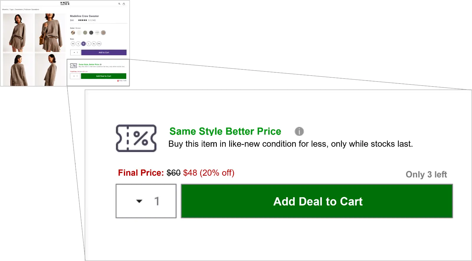 Ecommerce product page showing a returned item available for resale through Cahoot peer-to-peer returns