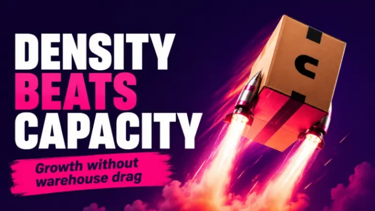Peer-to-peer returns scalability graphic showing a package launching upward beside the text “Density Beats Capacity,” representing growth without warehouse drag.