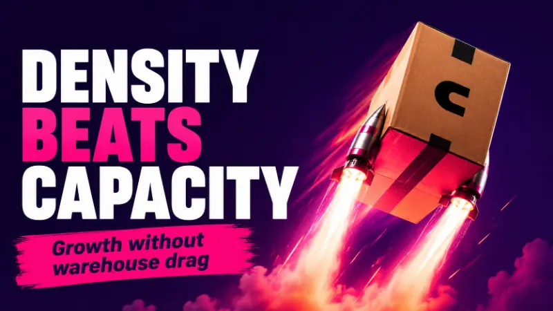 Peer-to-peer returns scalability graphic showing a package launching upward beside the text “Density Beats Capacity,” representing growth without warehouse drag.
