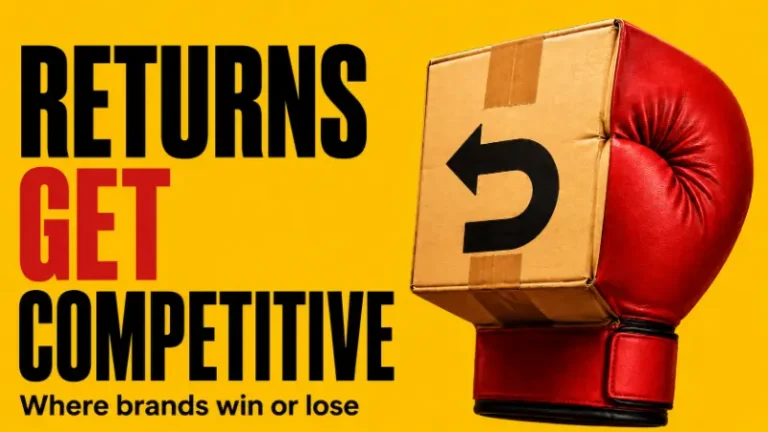 Cardboard return box fused with a red boxing glove beside the words Returns Get Competitive, showing returns management as a new competitive battleground in retail.
