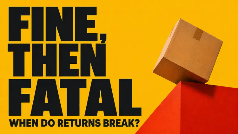 A cardboard return box tipping over a red ledge with the headline “Fine, Then Fatal” and the question “When Do Returns Break?