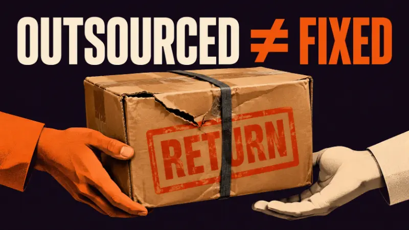 Damaged returned package being handed from one operator to another to show that returns outsourcing transfers burden without fixing the underlying returns system.