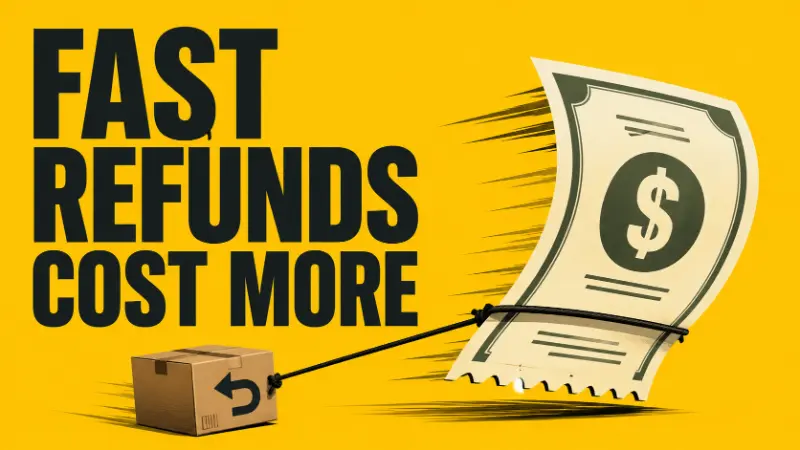 Conceptual image of a fast-moving refund bill pulling a return box, showing how faster refunds can increase returns costs for merchants