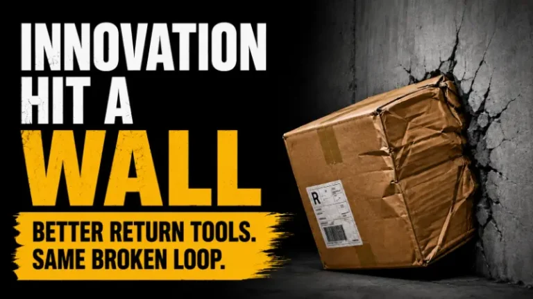 A returned package hitting a cracked warehouse wall, illustrating how reverse logistics innovation improved tools but left the same broken return loop in place.