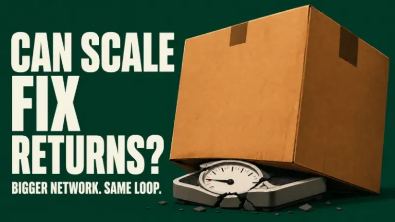 Oversized cardboard box crushing a broken scale with the text “Can Scale Fix Returns?” illustrating why bigger returns networks do not reduce returns management costs