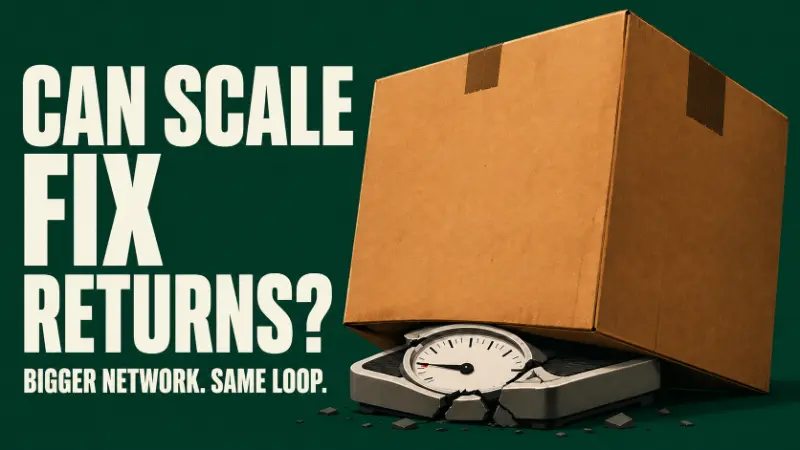 Oversized cardboard box crushing a broken scale with the text “Can Scale Fix Returns?” illustrating why bigger returns networks do not reduce returns management costs