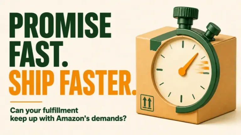 Featured image for Amazon handling time article showing bold text “Promise Fast. Ship Faster.” with a shipping box and stopwatch representing faster, reliable seller-fulfilled shipping.