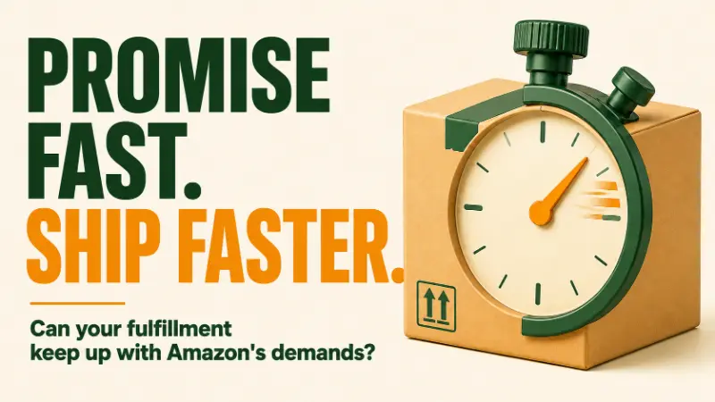 Featured image for Amazon handling time article showing bold text “Promise Fast. Ship Faster.” with a shipping box and stopwatch representing faster, reliable seller-fulfilled shipping.