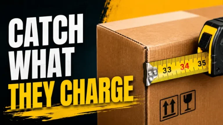 Cardboard parcel measured with a tape measure illustrating carrier surcharge recovery for disputed dimensional shipping charges.