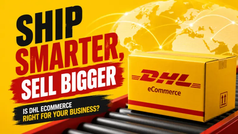 DHL eCommerce package on a conveyor with the headline “Ship Smarter, Sell Bigger” for online sellers.