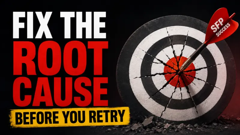 Failed Seller Fulfilled Prime trial hero image showing a cracked target with bold text Fix the Root Cause before retrying.