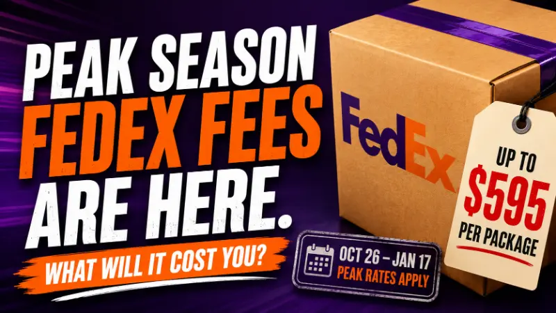 FedEx package highlighting current peak season surcharges and holiday shipping cost impact for ecommerce brands.