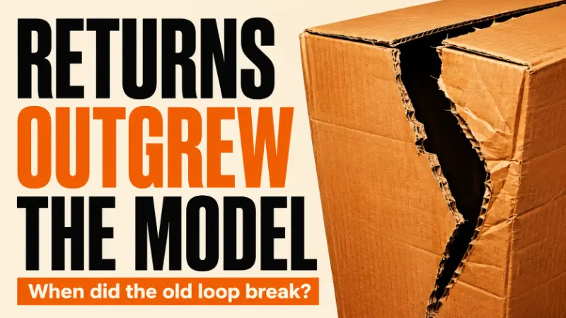 Featured image for an article about how ecommerce returns outgrew the original warehouse-first model as online retail scale, shipping costs, and customer expectations changed symbolized with a ripped cardboard box.