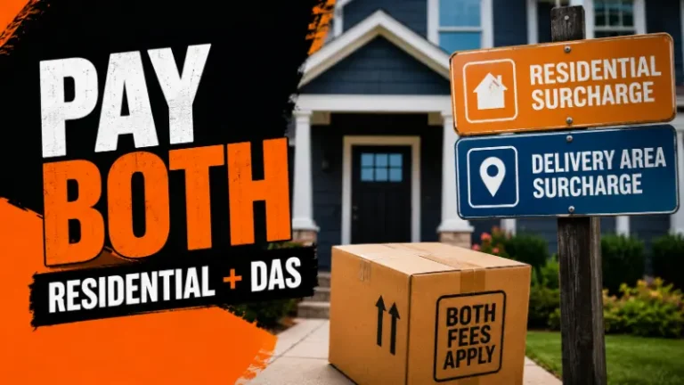Package delivered to a residential address with signs showing residential and delivery area surcharges can both apply.