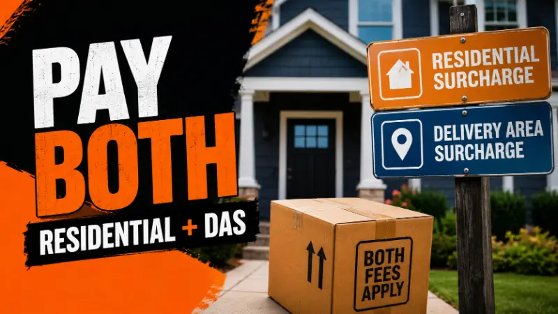 Package delivered to a residential address with signs showing residential and delivery area surcharges can both apply.