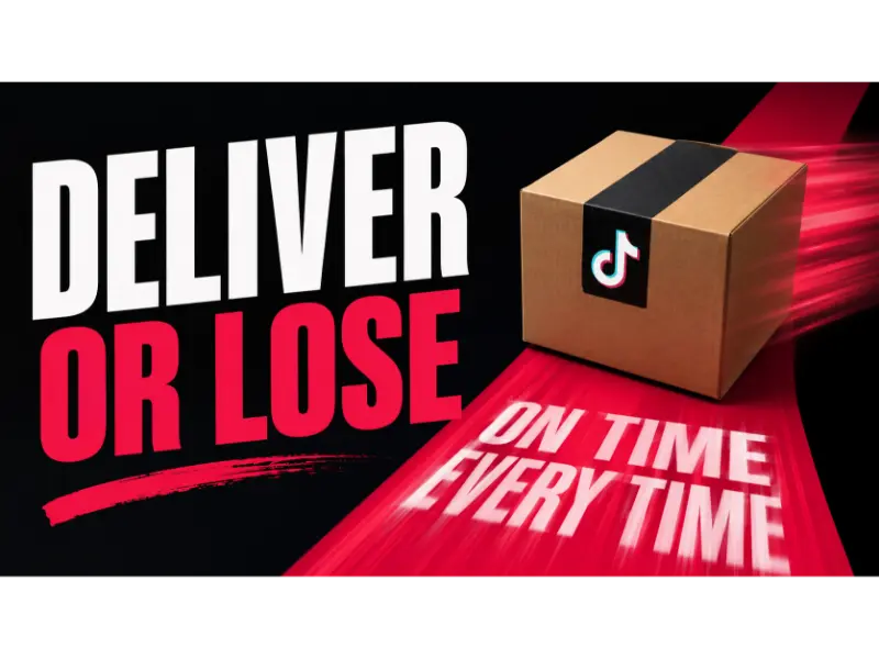 TikTok Shop package with bold “Deliver or Lose” text representing fulfillment requirements, late dispatch risk, and delivery performance for sellers.