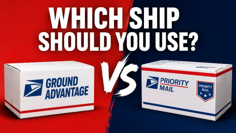 Bold split-color hero image comparing USPS Ground Advantage vs Priority Mail for ecommerce shipping decisions.