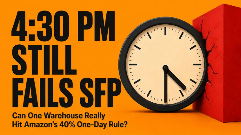 Amazon SFP cutoff time challenge showing why a 4:30 PM warehouse cutoff may still fail Amazon’s 40% one-day delivery rule.