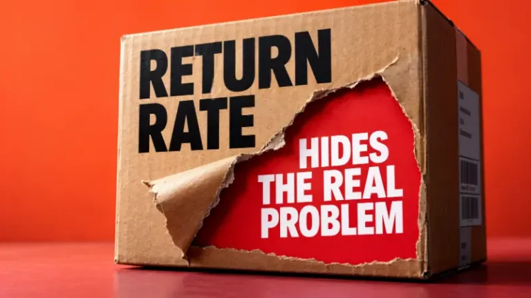 Ecommerce returns analytics image showing a return-rate box peeled open to reveal the real problem behind blended return metrics.