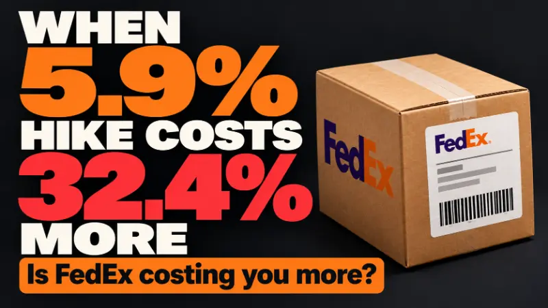 FedEx 2027 rate increase hero image showing a shipping package and how a 5.9% average rate hike can become a 32.4% shipping cost increase for an ecommerce parcel.